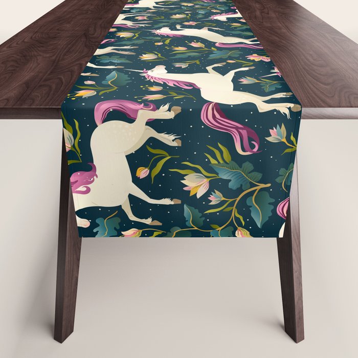 Unicorns on a dark background with a fairy forest Table Runner Gallery Image 1