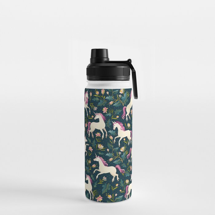 Unicorns on a dark background with a fairy forest Water Bottle Gallery Image 2