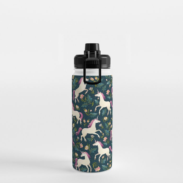 Unicorns on a dark background with a fairy forest Water Bottle Gallery Image 2