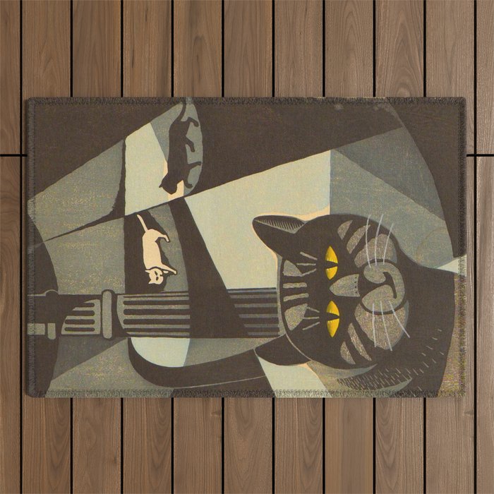 Inagaki Tomoo Vintage Japanese Woodblock print mid century Modern Cubism Art Cats Feline Outdoor Rug Gallery Image 1