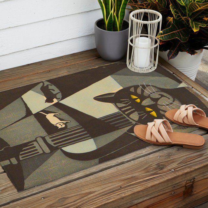 Inagaki Tomoo Vintage Japanese Woodblock print mid century Modern Cubism Art Cats Feline Outdoor Rug Gallery Image 2