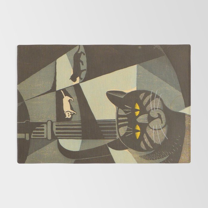 Inagaki Tomoo Vintage Japanese Woodblock print mid century Modern Cubism Art Cats Feline Rug Gallery Image 2