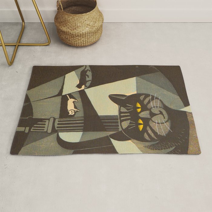 Inagaki Tomoo Vintage Japanese Woodblock print mid century Modern Cubism Art Cats Feline Rug Gallery Image 1
