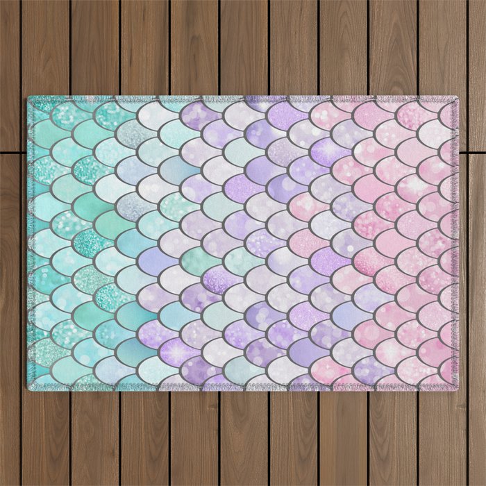 Cute Mermaid Pattern, Pink, Purple, Teal, Pastel Aesthetics Outdoor Rug Gallery Image 1