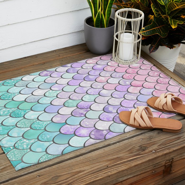 Cute Mermaid Pattern, Pink, Purple, Teal, Pastel Aesthetics Outdoor Rug Gallery Image 2