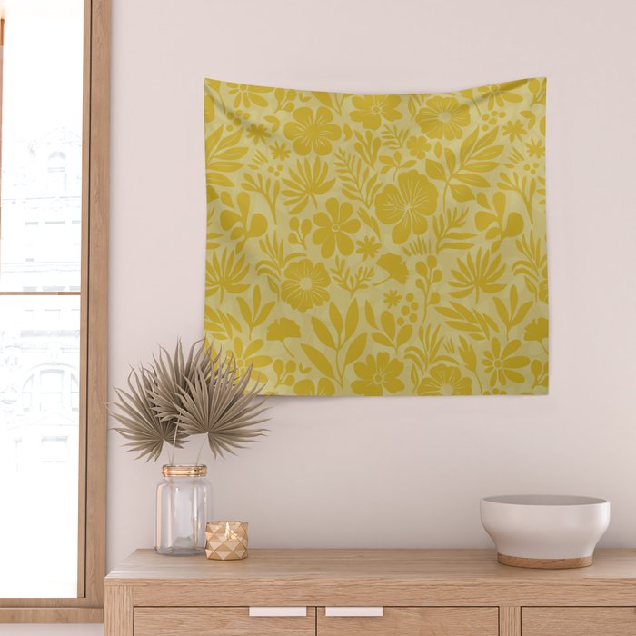 Charming Flower Shapes Warm Sunny Yellow Wall Tapestry Gallery Image 2
