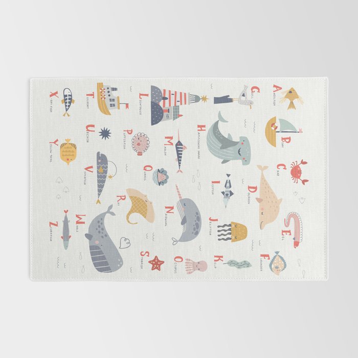Ocean sealife alphabet in white Rug Gallery Image 2