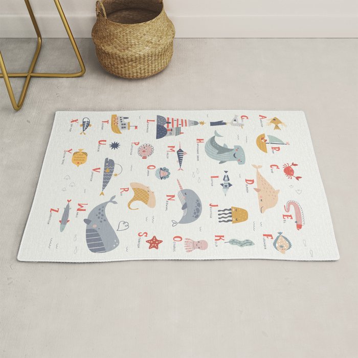 Ocean sealife alphabet in white Rug Gallery Image 1