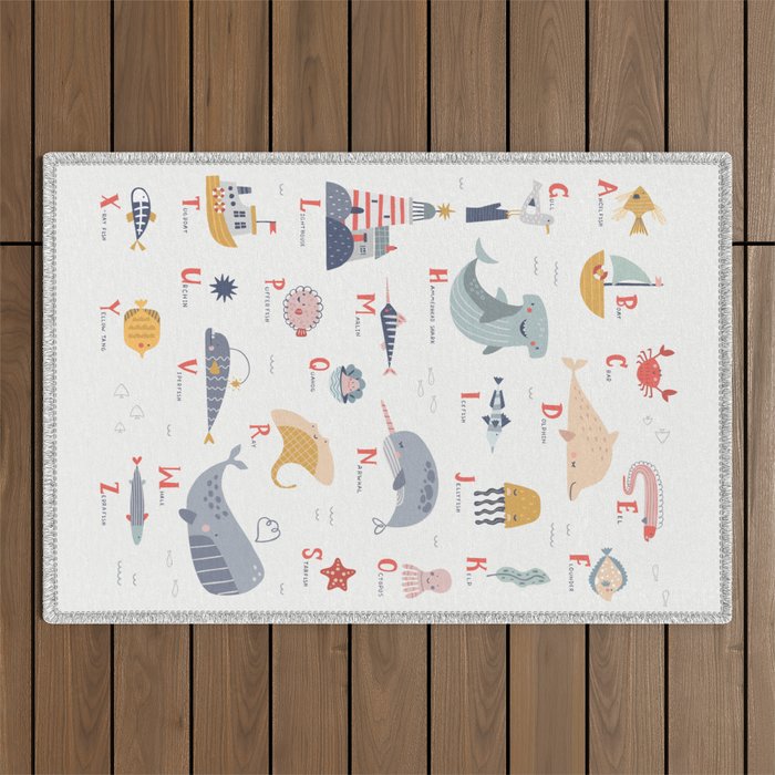 Ocean sealife alphabet in white Outdoor Rug Gallery Image 1