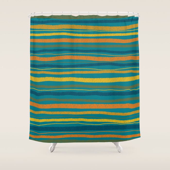Crayon Stripes in Moroccan Teal Blue, Orange, Ochre, Green, Yellow Shower Curtain Gallery Image 1