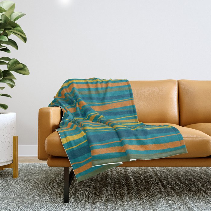 Crayon Stripes in Moroccan Teal Blue, Orange, Ochre, Green, Yellow Throw Blanket Gallery Image 1