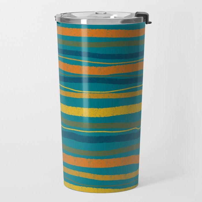Crayon Stripes in Moroccan Teal Blue, Orange, Ochre, Green, Yellow Travel Mug Gallery Image 2