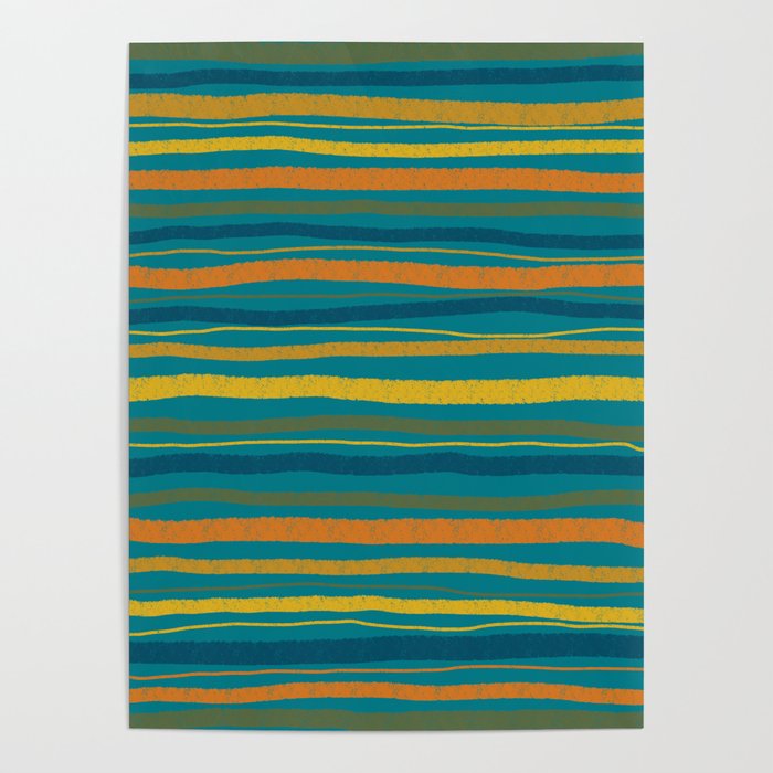 Crayon Stripes in Moroccan Teal Blue, Orange, Ochre, Green, Yellow Poster Gallery Image 4
