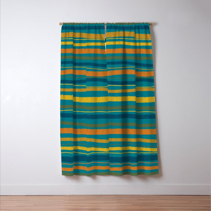 Crayon Stripes in Moroccan Teal Blue, Orange, Ochre, Green, Yellow Window Curtain Gallery Image 3