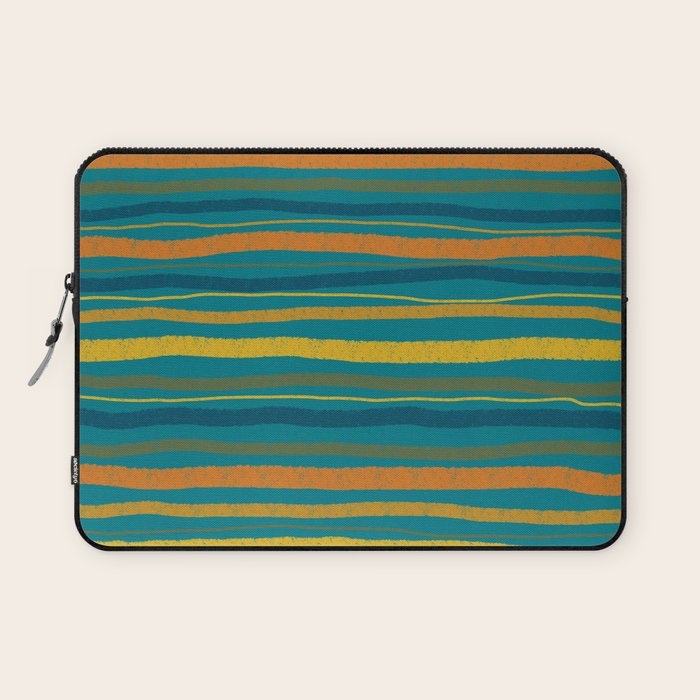Crayon Stripes in Moroccan Teal Blue, Orange, Ochre, Green, Yellow Laptop Sleeve Gallery Image 1