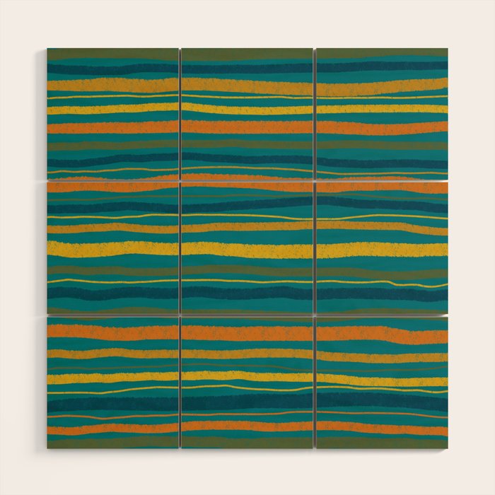 Crayon Stripes in Moroccan Teal Blue, Orange, Ochre, Green, Yellow Wood Wall Art Gallery Image 1