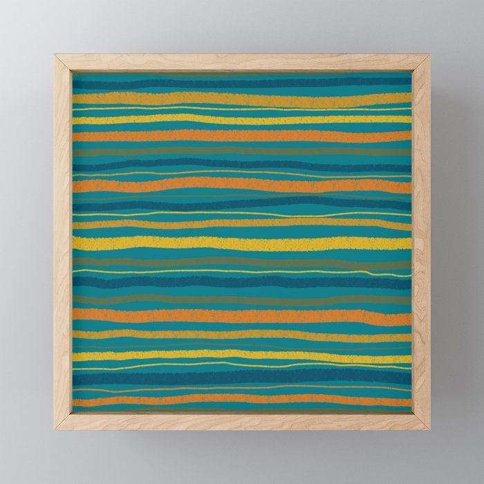 Crayon Stripes in Moroccan Teal Blue, Orange, Ochre, Green, Yellow Mini Art Print Gallery Image 1