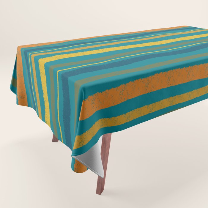 Crayon Stripes in Moroccan Teal Blue, Orange, Ochre, Green, Yellow Tablecloth Gallery Image 1