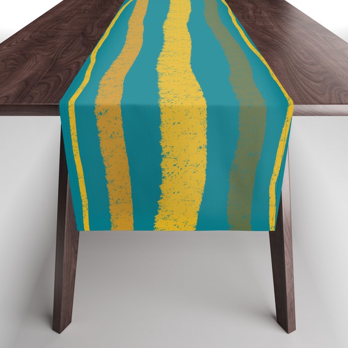 Crayon Stripes in Moroccan Teal Blue, Orange, Ochre, Green, Yellow Table Runner Gallery Image 1
