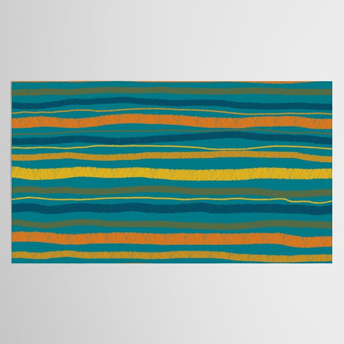Crayon Stripes in Moroccan Teal Blue, Orange, Ochre, Green, Yellow Tablecloth Gallery Image 2