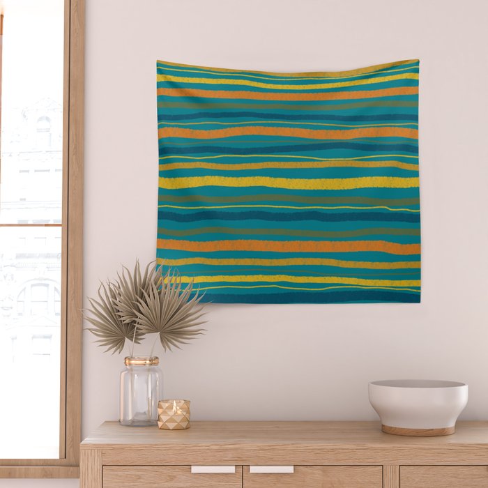 Crayon Stripes in Moroccan Teal Blue, Orange, Ochre, Green, Yellow Wall Tapestry Gallery Image 2