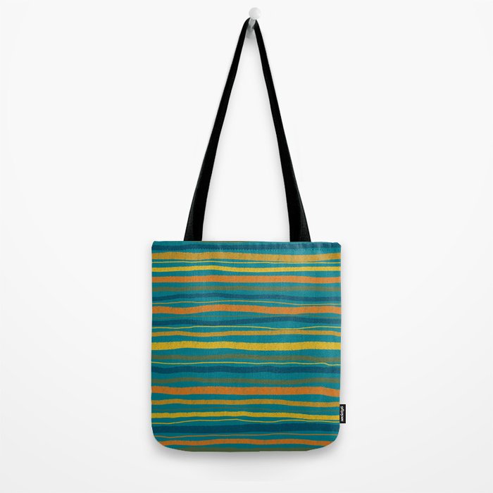 Crayon Stripes in Moroccan Teal Blue, Orange, Ochre, Green, Yellow Tote Bag Gallery Image 2