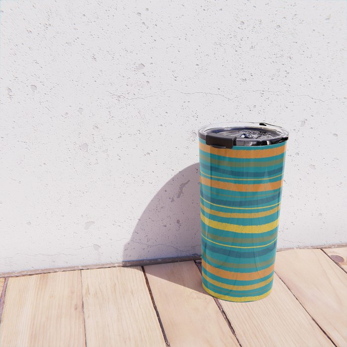 Crayon Stripes in Moroccan Teal Blue, Orange, Ochre, Green, Yellow Travel Mug Gallery Image 4