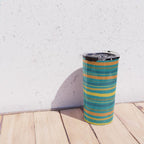 Crayon Stripes in Moroccan Teal Blue, Orange, Ochre, Green, Yellow Travel Mug Gallery Image 4
