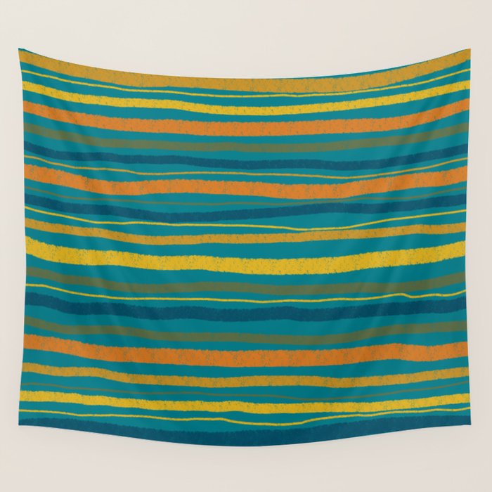Crayon Stripes in Moroccan Teal Blue, Orange, Ochre, Green, Yellow Wall Tapestry Gallery Image 4