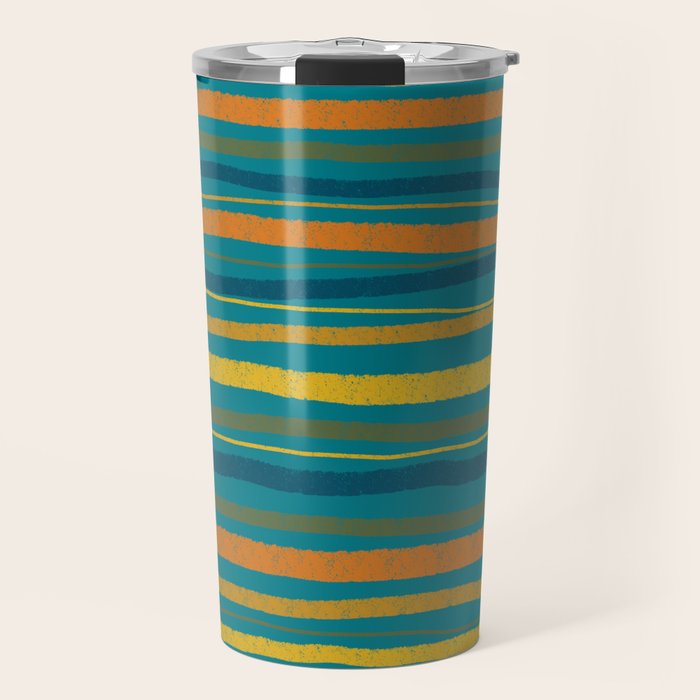 Crayon Stripes in Moroccan Teal Blue, Orange, Ochre, Green, Yellow Travel Mug Gallery Image 1