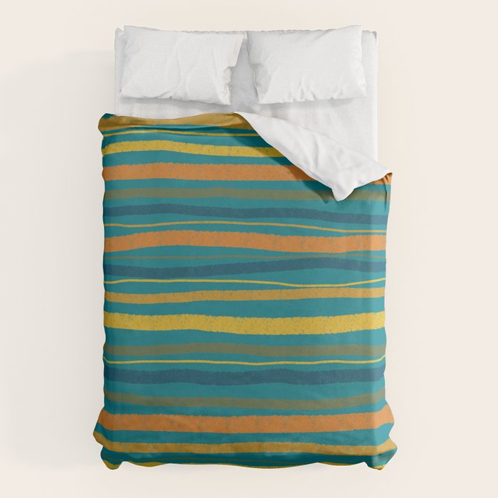 Crayon Stripes in Moroccan Teal Blue, Orange, Ochre, Green, Yellow Duvet Cover Gallery Image 1