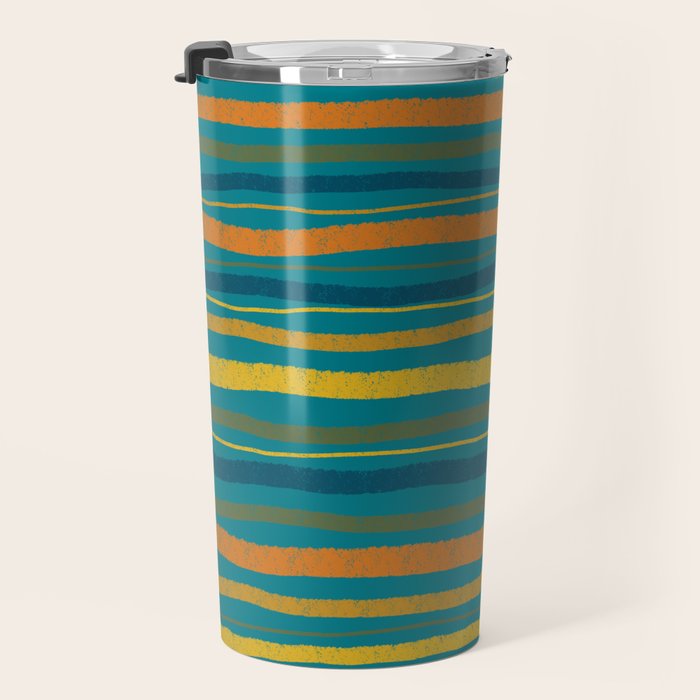 Crayon Stripes in Moroccan Teal Blue, Orange, Ochre, Green, Yellow Travel Mug Gallery Image 3