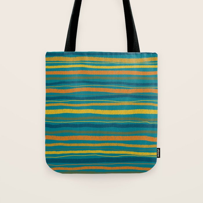 Crayon Stripes in Moroccan Teal Blue, Orange, Ochre, Green, Yellow Tote Bag Gallery Image 1