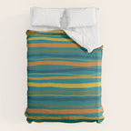 Crayon Stripes in Moroccan Teal Blue, Orange, Ochre, Green, Yellow Duvet Cover Gallery Image 6