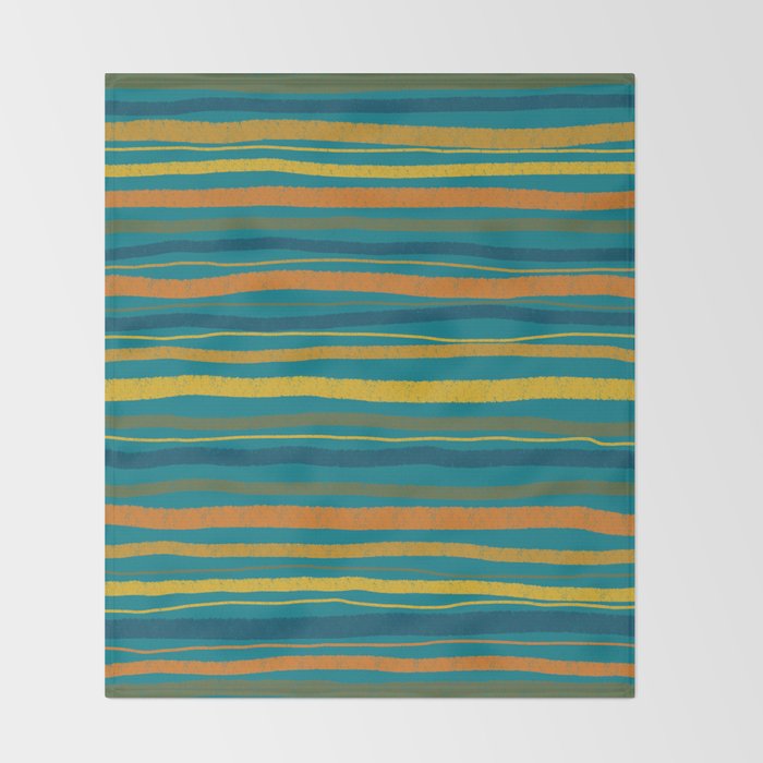 Crayon Stripes in Moroccan Teal Blue, Orange, Ochre, Green, Yellow Throw Blanket Gallery Image 2
