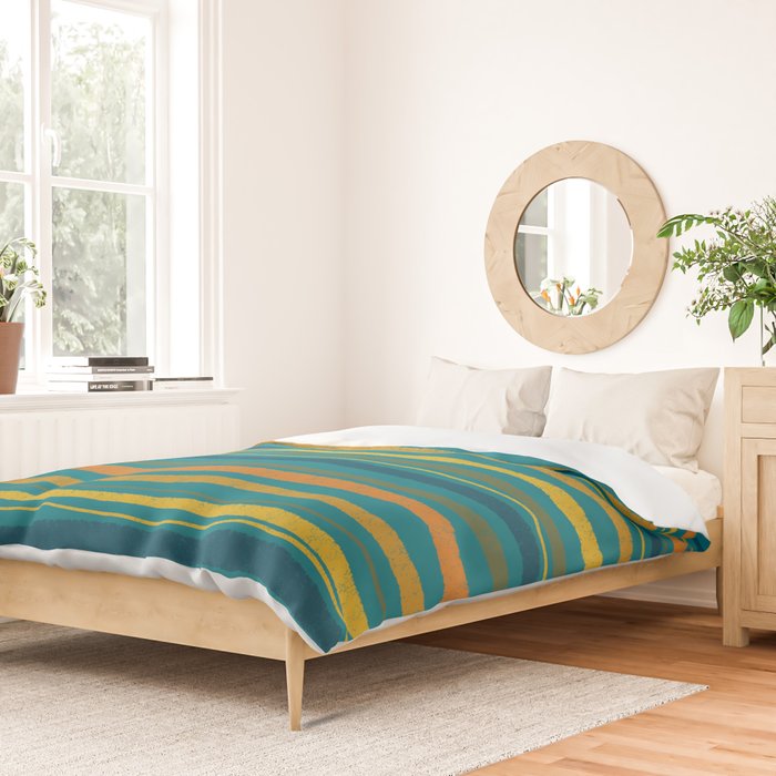 Crayon Stripes in Moroccan Teal Blue, Orange, Ochre, Green, Yellow Duvet Cover Gallery Image 2