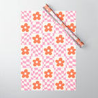 Orange Flower Pink & White Warped Double Checker Wrapping Paper Gallery Image 1
