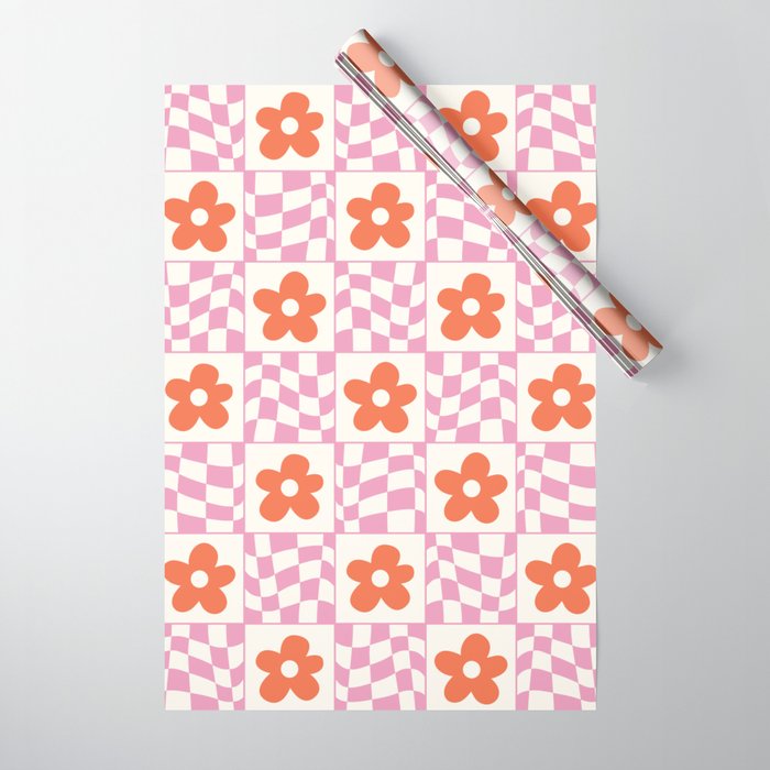 Orange Flower Pink & White Warped Double Checker Wrapping Paper Gallery Image 1