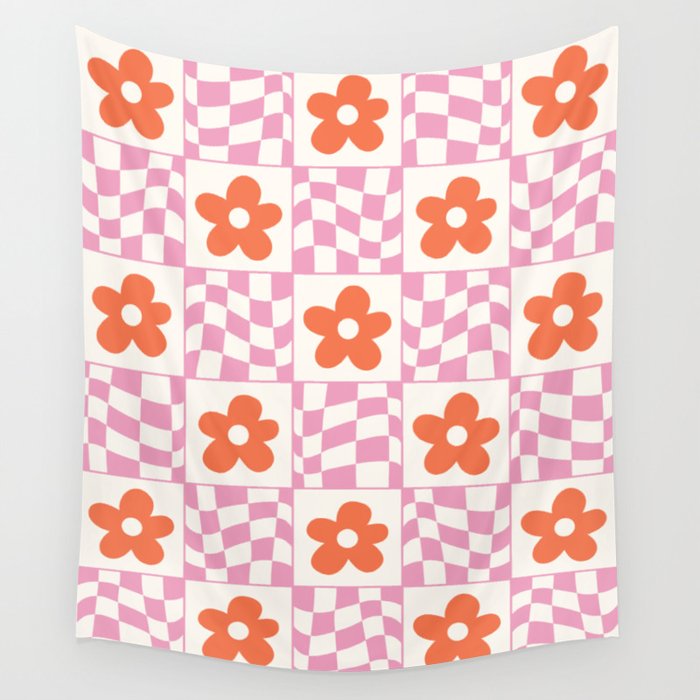 Orange Flower Pink & White Warped Double Checker Wall Tapestry Gallery Image 4