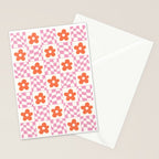 Orange Flower Pink & White Warped Double Checker Stationery Card Gallery Image 2