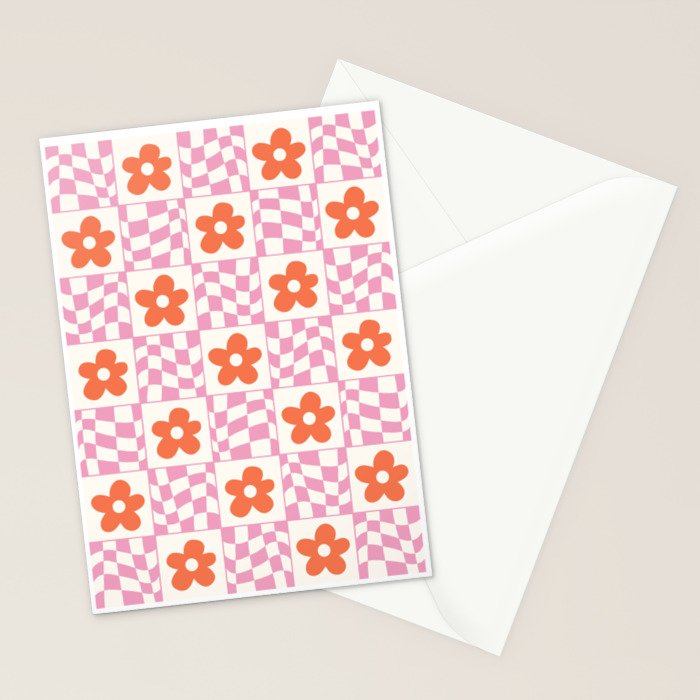 Orange Flower Pink & White Warped Double Checker Stationery Card Gallery Image 2