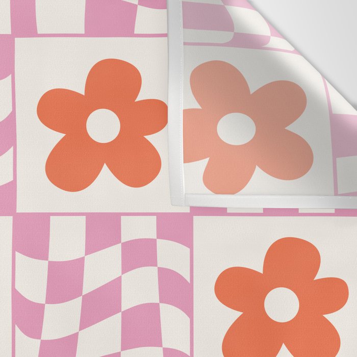 Orange Flower Pink & White Warped Double Checker Wall Tapestry Gallery Image 3