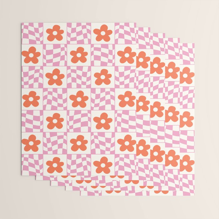 Orange Flower Pink & White Warped Double Checker Wrapping Paper Gallery Image 3