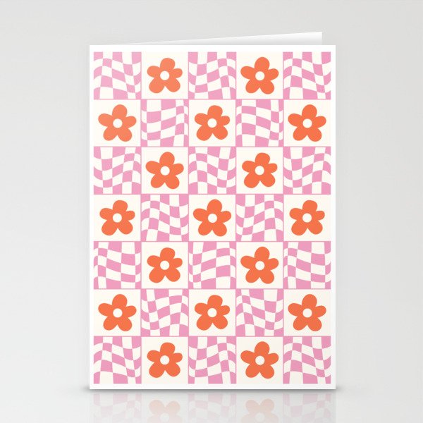Orange Flower Pink & White Warped Double Checker Stationery Card Gallery Image 2