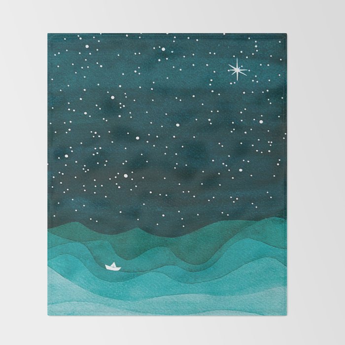 Starry Ocean, teal sailboat watercolor sea waves night Throw Blanket Gallery Image 2