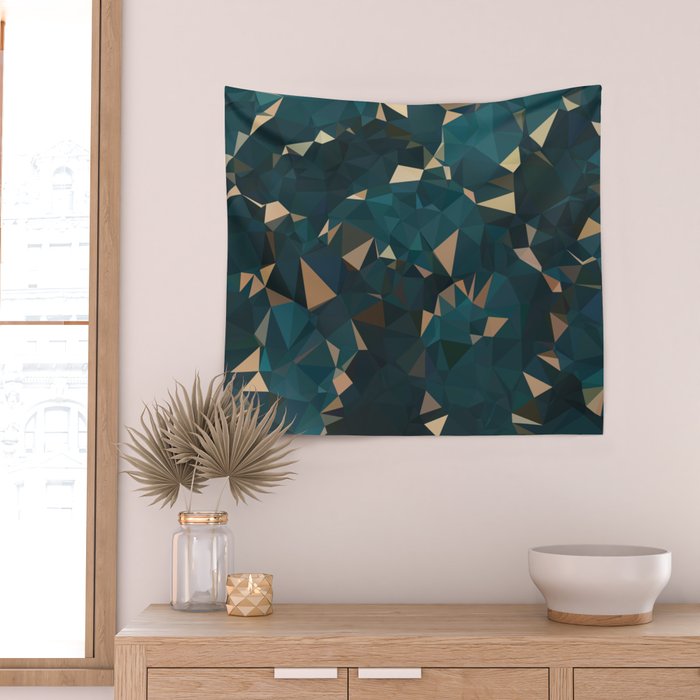 Gold Teal Abstract Low Poly Geometric Triangles Wall Tapestry Gallery Image 2