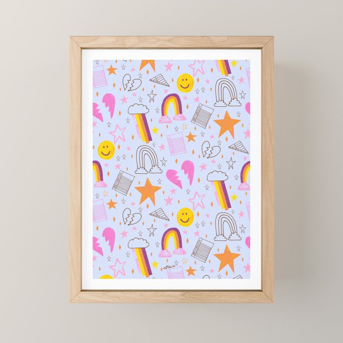 Happy Smiley Face & Retro Rainbows in Periwinkle & Pink Mini Art Print Gallery Image 1