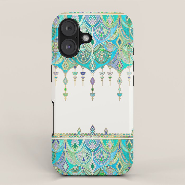 Art Deco Double Drop in Jade and Aquamarine on Cream iPhone Case Gallery Image 1