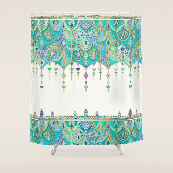 Art Deco Double Drop in Jade and Aquamarine on Cream Shower Curtain Gallery Image 1