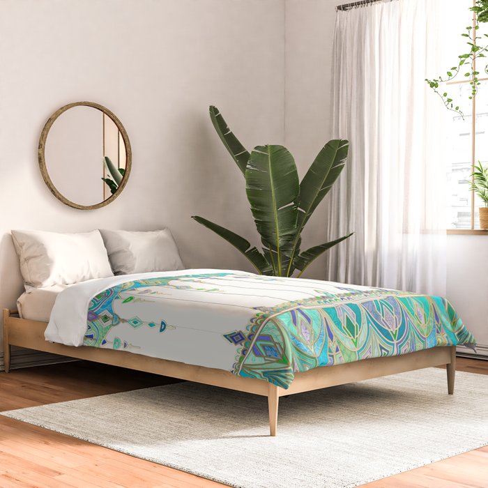 Art Deco Double Drop in Jade and Aquamarine on Cream Comforter Gallery Image 2